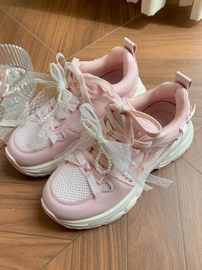 Pink Beaded Decorated Bowknot Details Front Lace-up Ties Sneakers