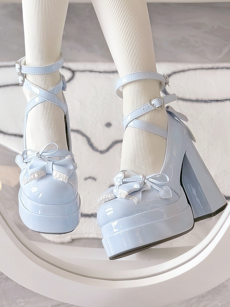 Blue Lace Trim Bow at Top Heart Buckles Crisscross Design Platform High Block Heels