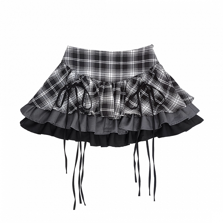 Y2K Black and White Plaid Tiered Skirt Bowknots Decoration