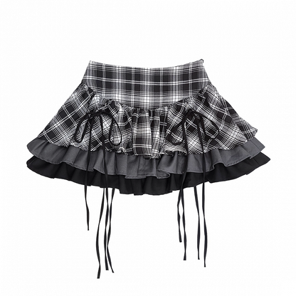 Y2K Black and White Plaid Tiered Skirt Bowknots Decoration