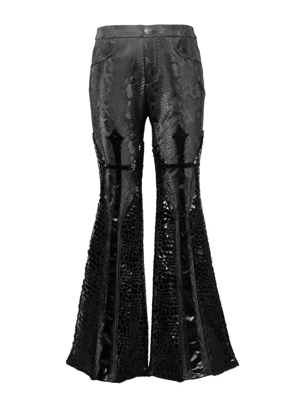 Black Snakeskin Grain Fabric Low Waist Goth Fishtail Pants