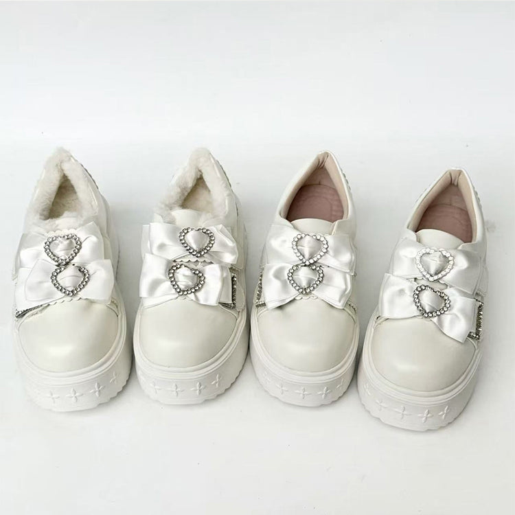 Regular/Thicken Version Rhinestone Heart Decor Bow Details & Slip-in Fit Design PU White Platform Shoes in Jirai Kei