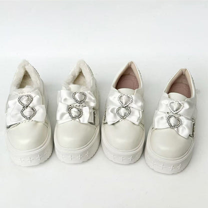 Regular/Thicken Version Rhinestone Heart Decor Bow Details & Slip-in Fit Design PU White Platform Shoes in Jirai Kei