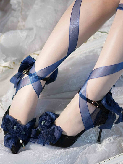 Dark Blue Floral and Bowknot Hime Lolita 5CM/8CM Heels