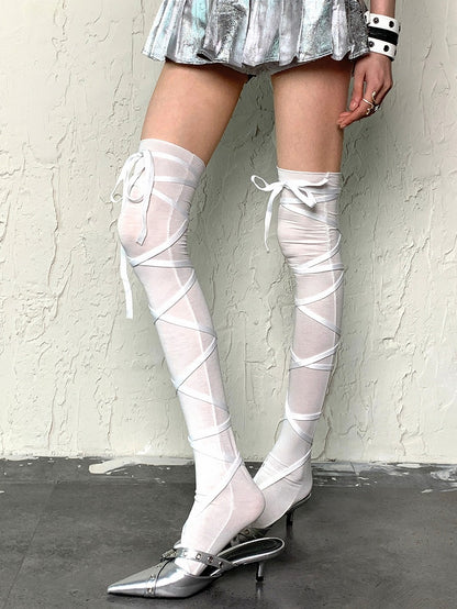 White/Black/Gray Crisscross Self-tie Straps Overknee Stockings