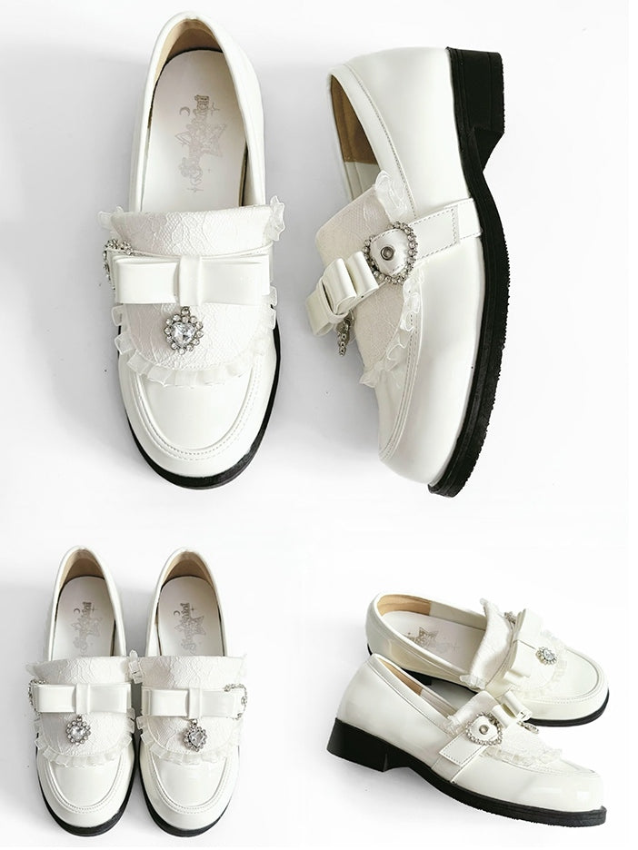 Rhinestone Heart Details & Bow Accent PU Polished White Low-heel Loafers in Jirai Kei