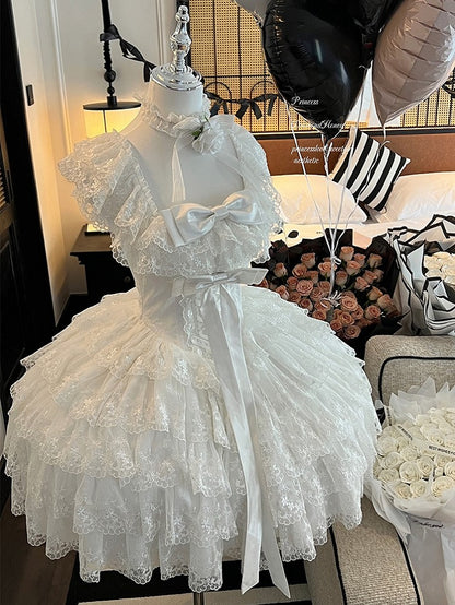 White Tiered Lace Square Neckline Shiro Dress with Bow Accents