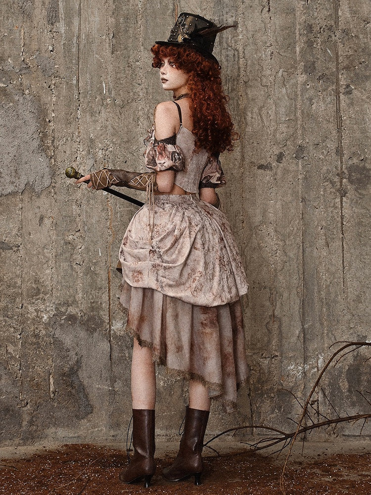 Clearance - Size M for Bust 82-90cm Pictorial Print Neckline Summer Cami Top with Detachable Puff Sleeves