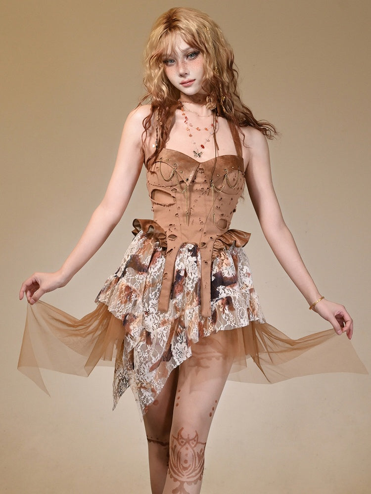 Brown Wasteland Punk Studs Chain Decorated Distressed Holes Design Halter Dress