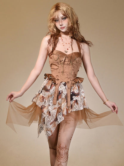 Brown Wasteland Punk Studs Chain Decorated Distressed Holes Design Halter Dress