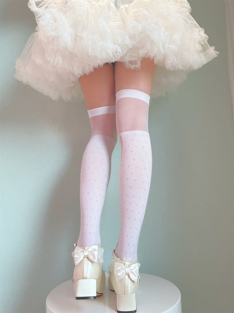 White/Black Bow Semi-sheer Cross and Wing Print Over Knee Stockings