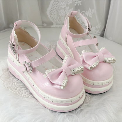Lolita Cute Pink Bowknot Cake Pattern Buckle Straps Platform Shoes