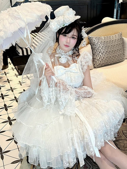 White Tiered Lace Square Neckline Shiro Dress with Bow Accents