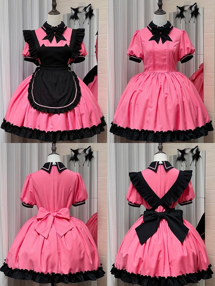 Pink and Black Kitty Maid Lolita Short Puff Sleeves Dress + Black Apron