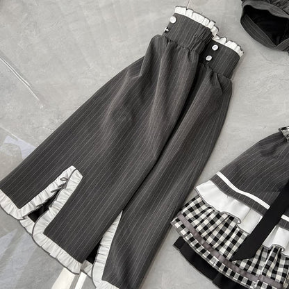 Dark Gray Striped Pattern Trumpet Sleeves