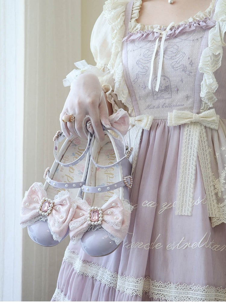 Polished Purple&Pink Detachable Rhinestone And Beaded Decorated Bowknot Lace Trim 4.5CM Block Heels Shoes