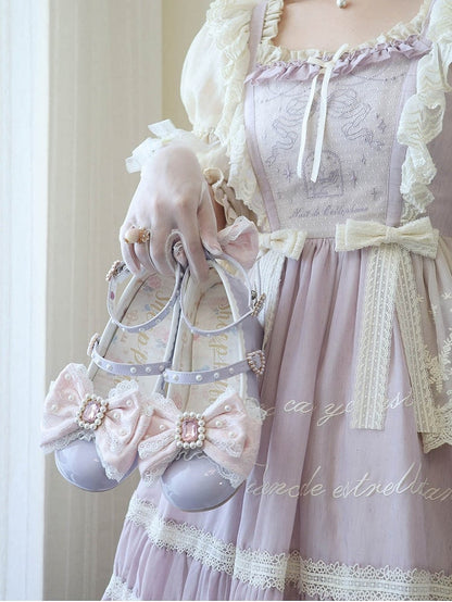 Polished Purple&Pink Detachable Rhinestone And Beaded Decorated Bowknot Lace Trim 4.5CM Block Heels Shoes
