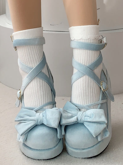 Platform Blue Sweet Mary Janes for Lolita with Bow Decor, Crossed Straps & Romantic Clasp