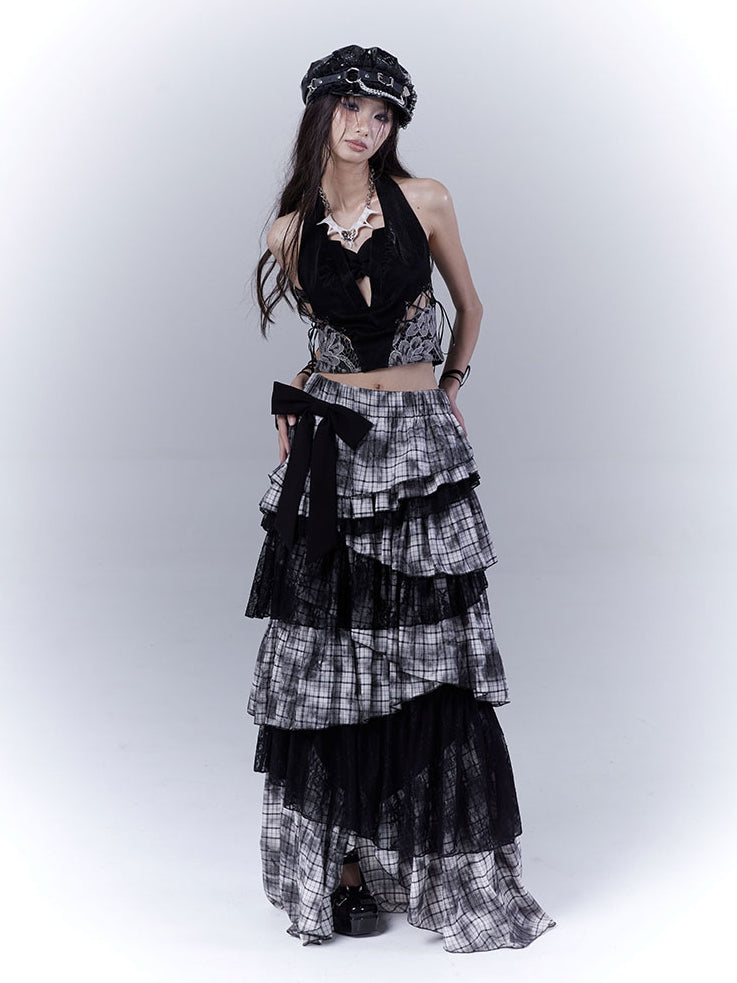 Black Punk Asymmetrical Tiered Plaid Skirt Regular/Long Version