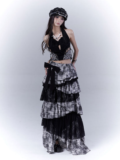 Black Punk Asymmetrical Tiered Plaid Skirt Regular/Long Version