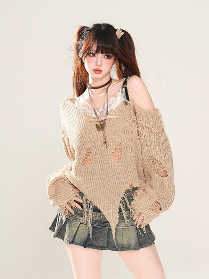 Khaki Asymmetrical Neckline and Hem Distressed Holes Wasteland Punk Knitted Top