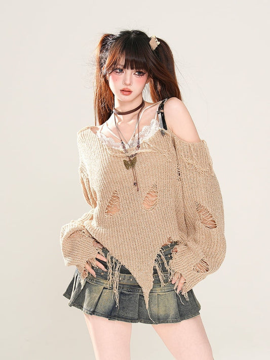 Khaki Asymmetrical Neckline and Hem Distressed Holes Wasteland Punk Knitted Top