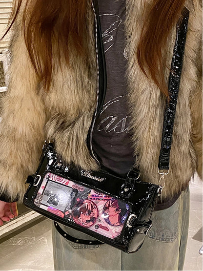 Black Versatile Transparent-Window PU Leather Ita Bag