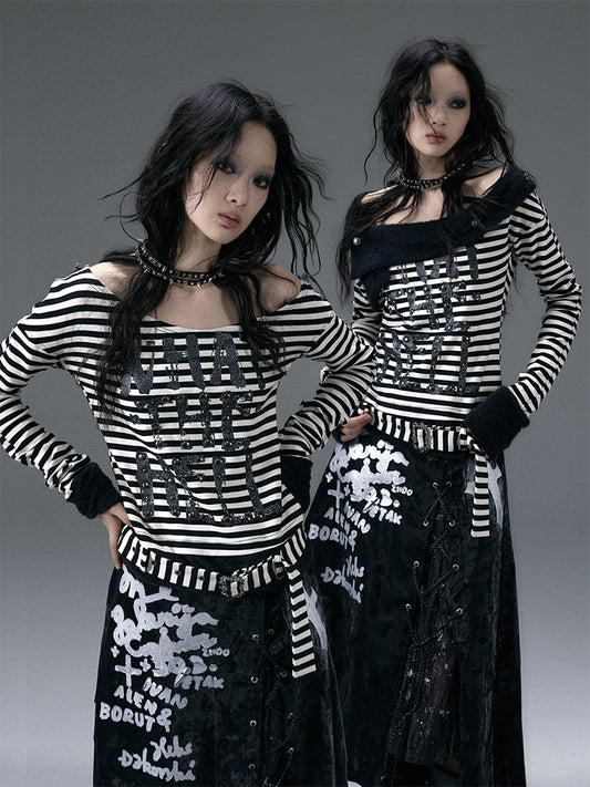 Red&White/Black&White Stripes Letter Print Top with Detachable Plush Collar