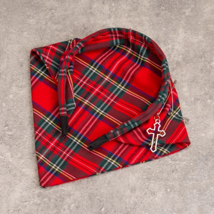 Cross and Pins Red Plaid Goth Punk Triangle Scarf KC