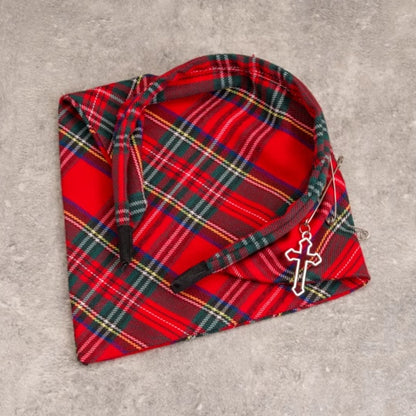 Cross and Pins Red Plaid Goth Punk Triangle Scarf KC