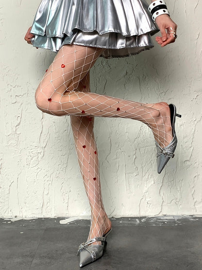 White/Black Y2K Rhinestone Decorated Heart Details Fishnet Tights