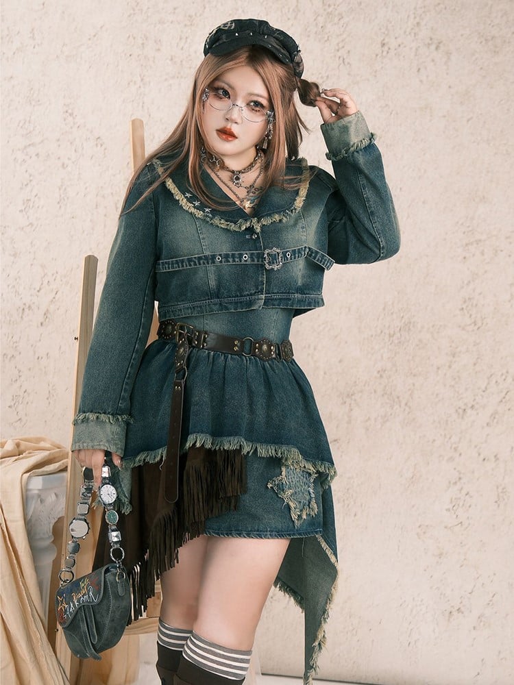 Plus Size Y2K Gray-Blue Distressed Denim Slip Dress with Layered Asymmetrical Hem & Star Patch