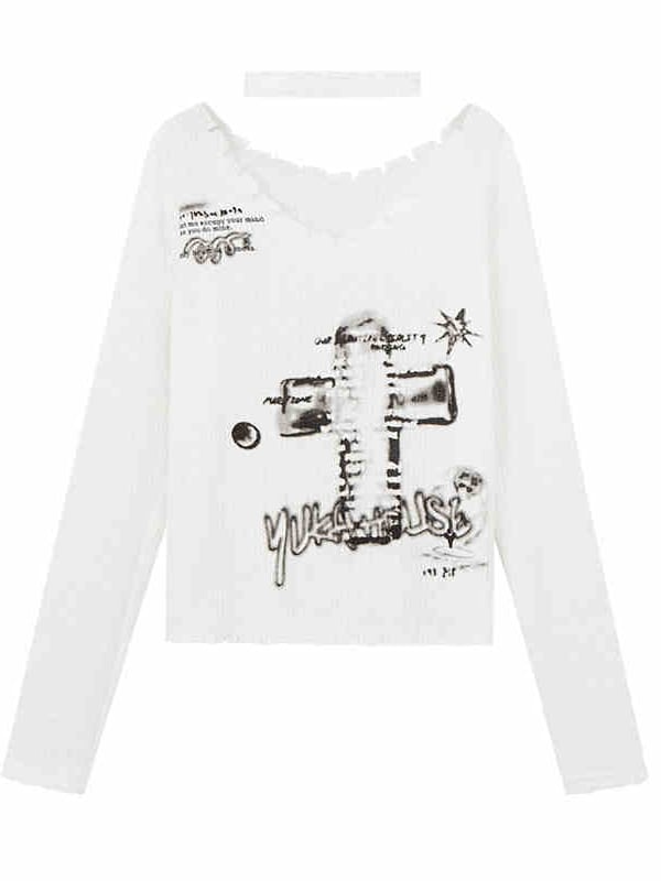 White Punk Cross V-neck Sweater with Choker