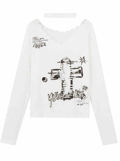 White Punk Cross V-neck Sweater with Choker