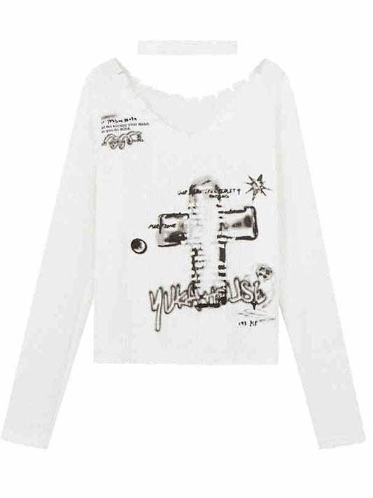 White Punk Cross V-neck Sweater with Choker