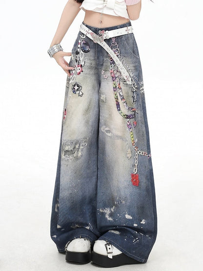 Blue Distressed Design Print Details Wide-leg Cut Jeans