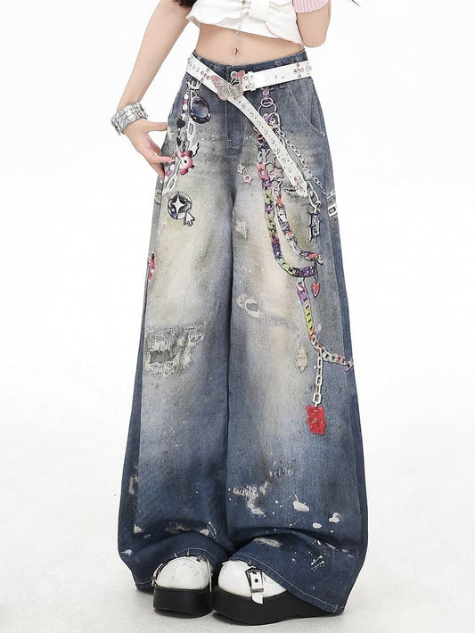 Blue Distressed Design Print Details Wide-leg Cut Jeans