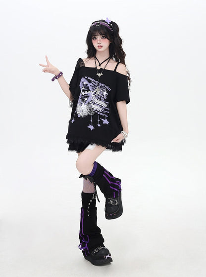 Black Off-the-shoulder Neckline Loose Graphic T-shirt