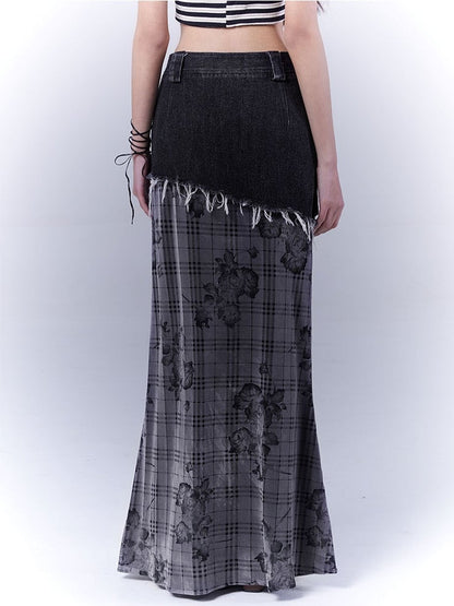 Black Low Waist Criss-cross Studded Strap Plaid Rose Mermaid Skirt