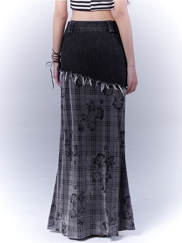 Black Low Waist Criss-cross Studded Strap Plaid Rose Mermaid Skirt