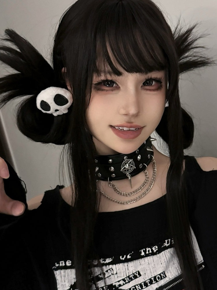 Black Stud Detail Punk PU Choker with Chain