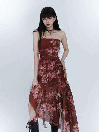 Red Dragon Print Asymmetrical Hem Slim-fitting Dress