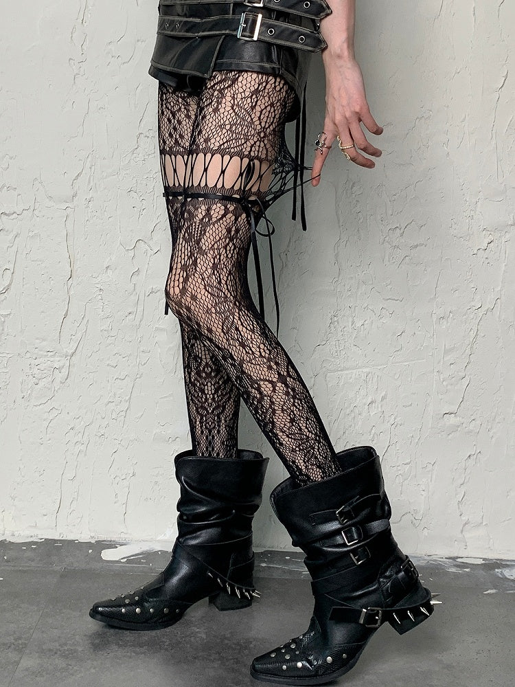 5 Color Options Punk Self-tie Straps Hollow-out Design Tights