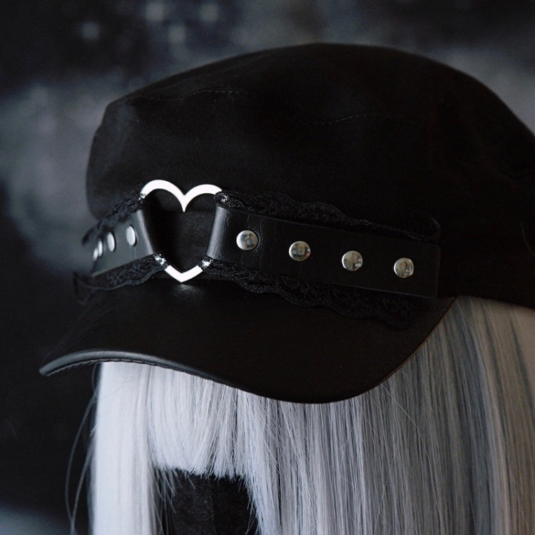 Black Gothic Heart Ring Studs Details Lace Trim Beret Hat