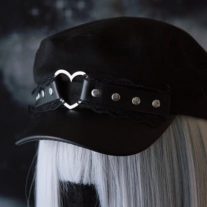 Black Gothic Heart Ring Studs Details Lace Trim Beret Hat