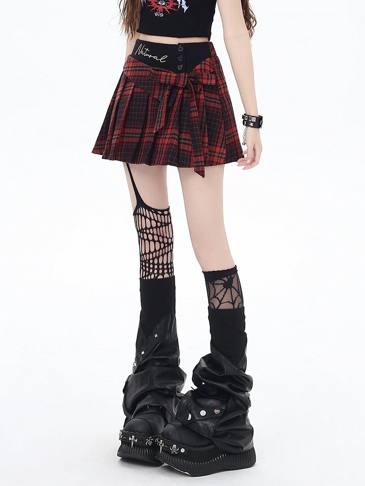 Red Plaid High Waist Bowknot Glamorous Mini Pleated Skirt