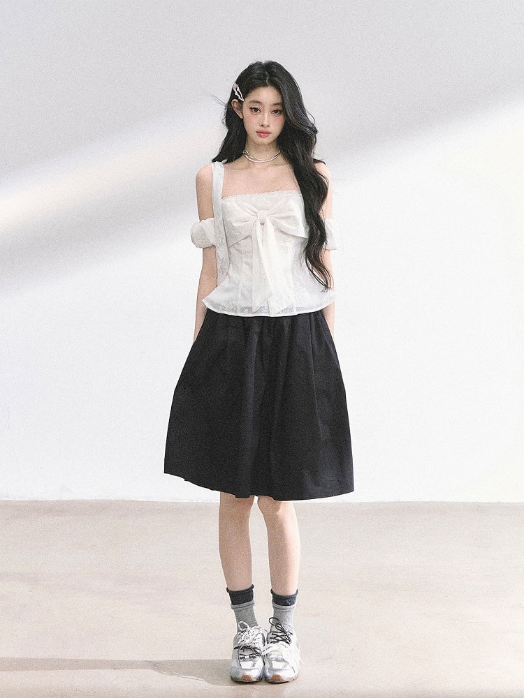 Big Bow Neckline White/Floral/Blue Off-the-shoulder Neckline Top