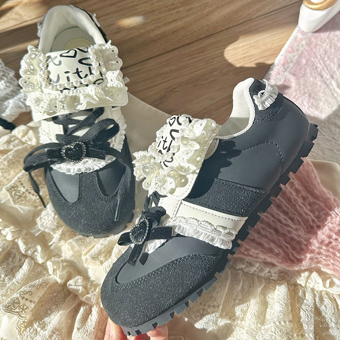 Bead Details Bow Accents Black and White Sneakers