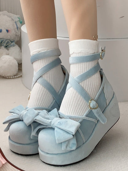 Platform Blue Sweet Mary Janes for Lolita with Bow Decor, Crossed Straps & Romantic Clasp