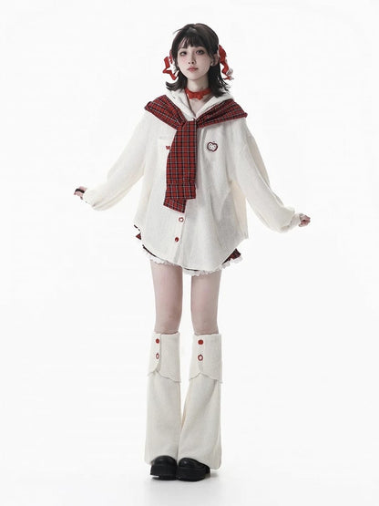 Regular/Thicken White Knit Hoodie with Detachable Red Plaid Hood Scarf